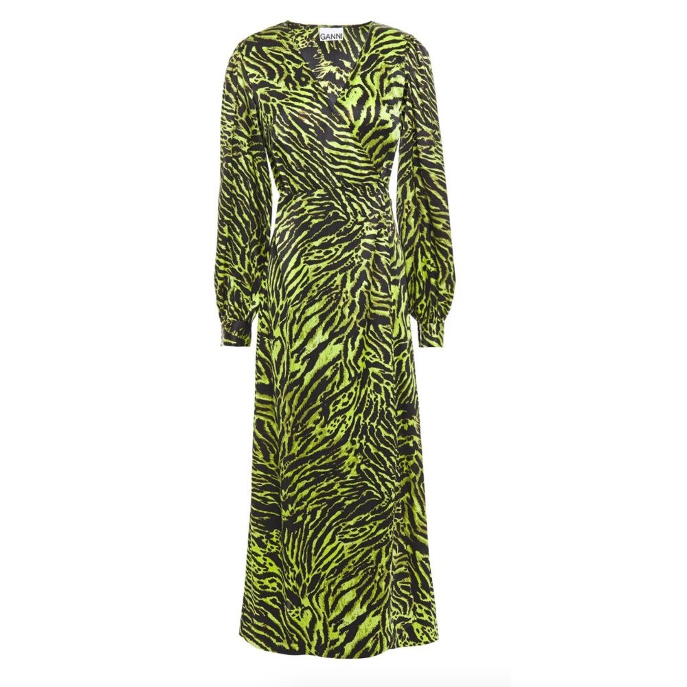 Ganni Green Leopard Silk Stretch Wrap Dress